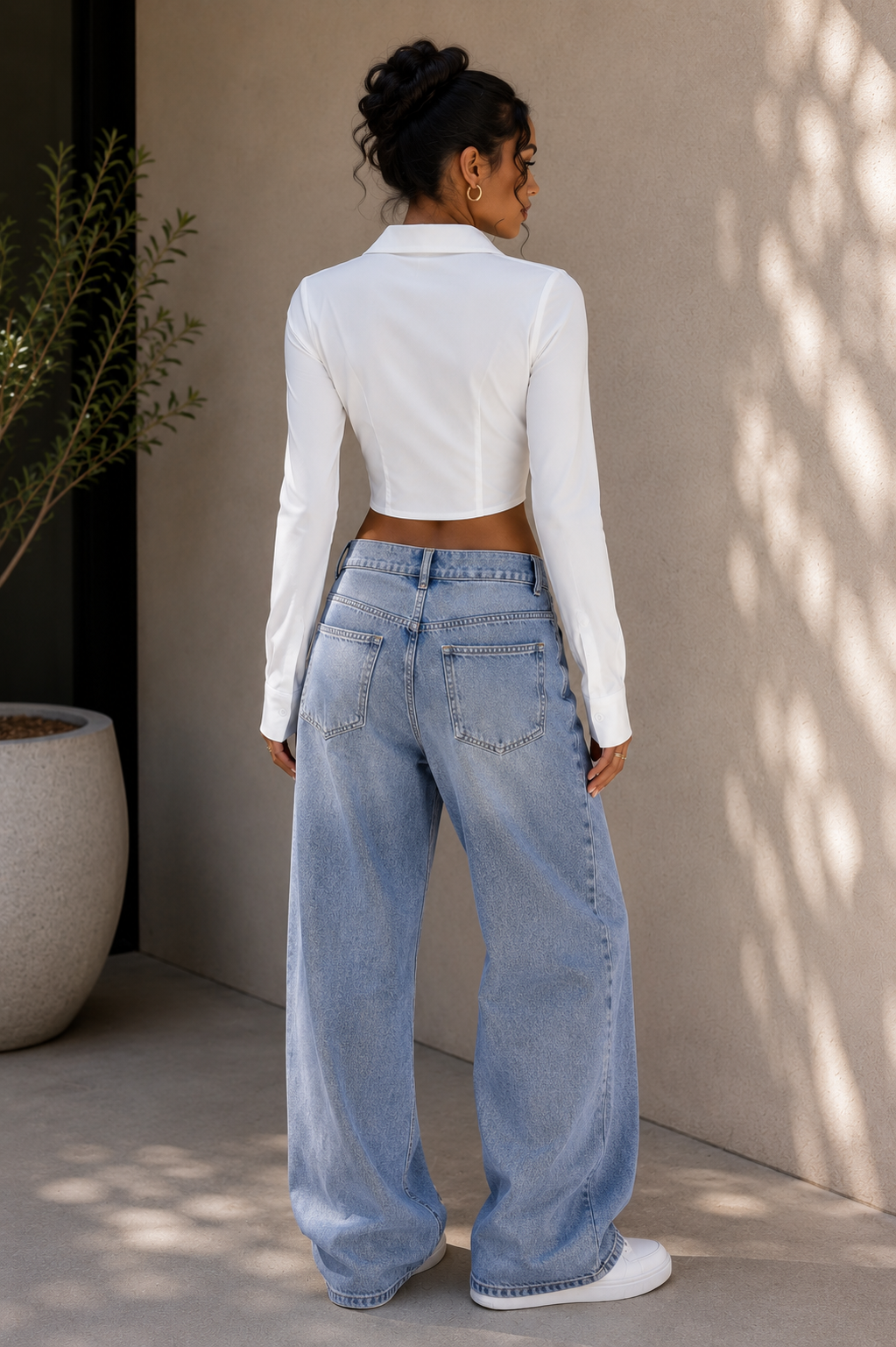 Button-Front Long Sleeve Crop Shirt