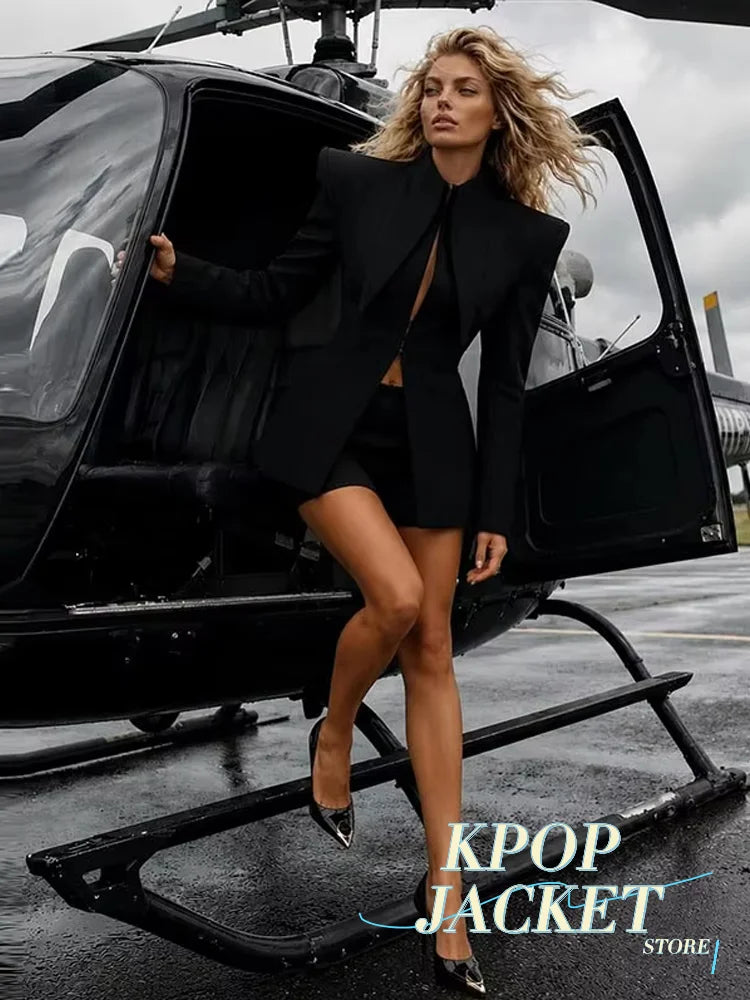 Women Chic Solid Shorts Suit Stand Collar Waist Cinching Slim Fit 2 Piece Suits 2026 Spring Autumn Lady Elegant Outfits New
