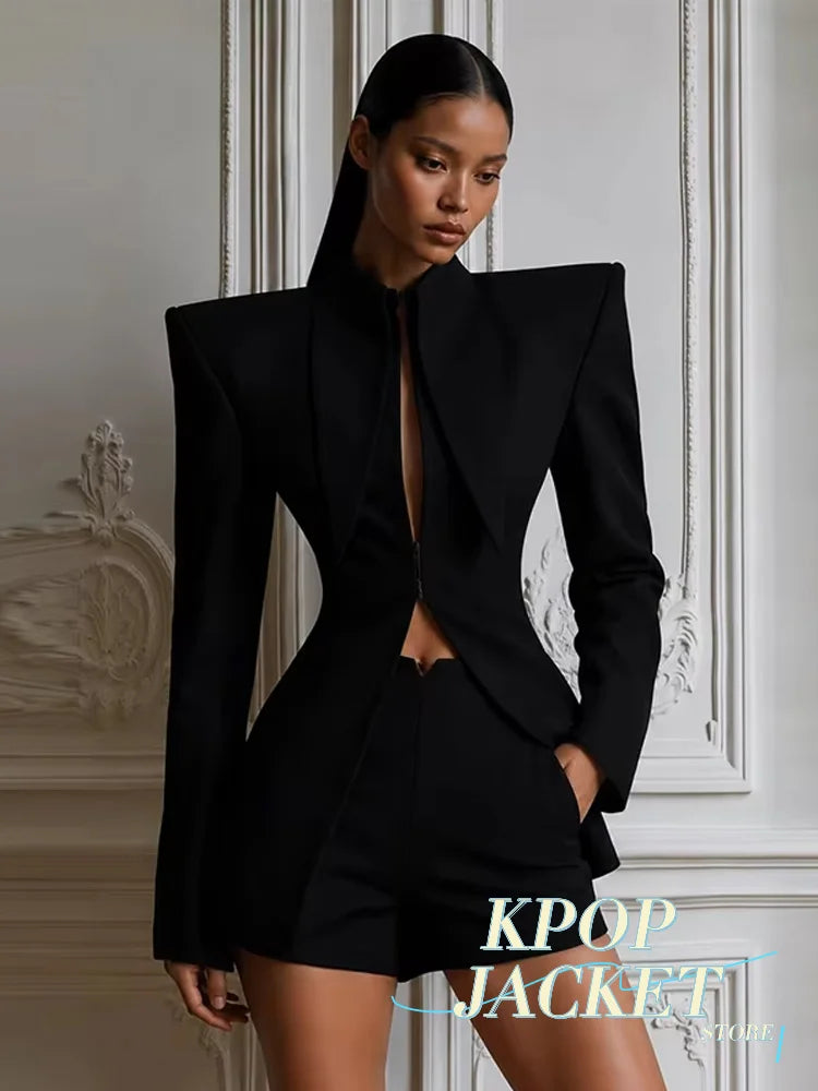 Women Chic Solid Shorts Suit Stand Collar Waist Cinching Slim Fit 2 Piece Suits 2026 Spring Autumn Lady Elegant Outfits New