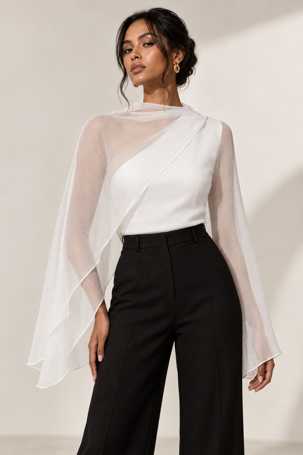 Sheer Asymmetrical Shawl Blouse