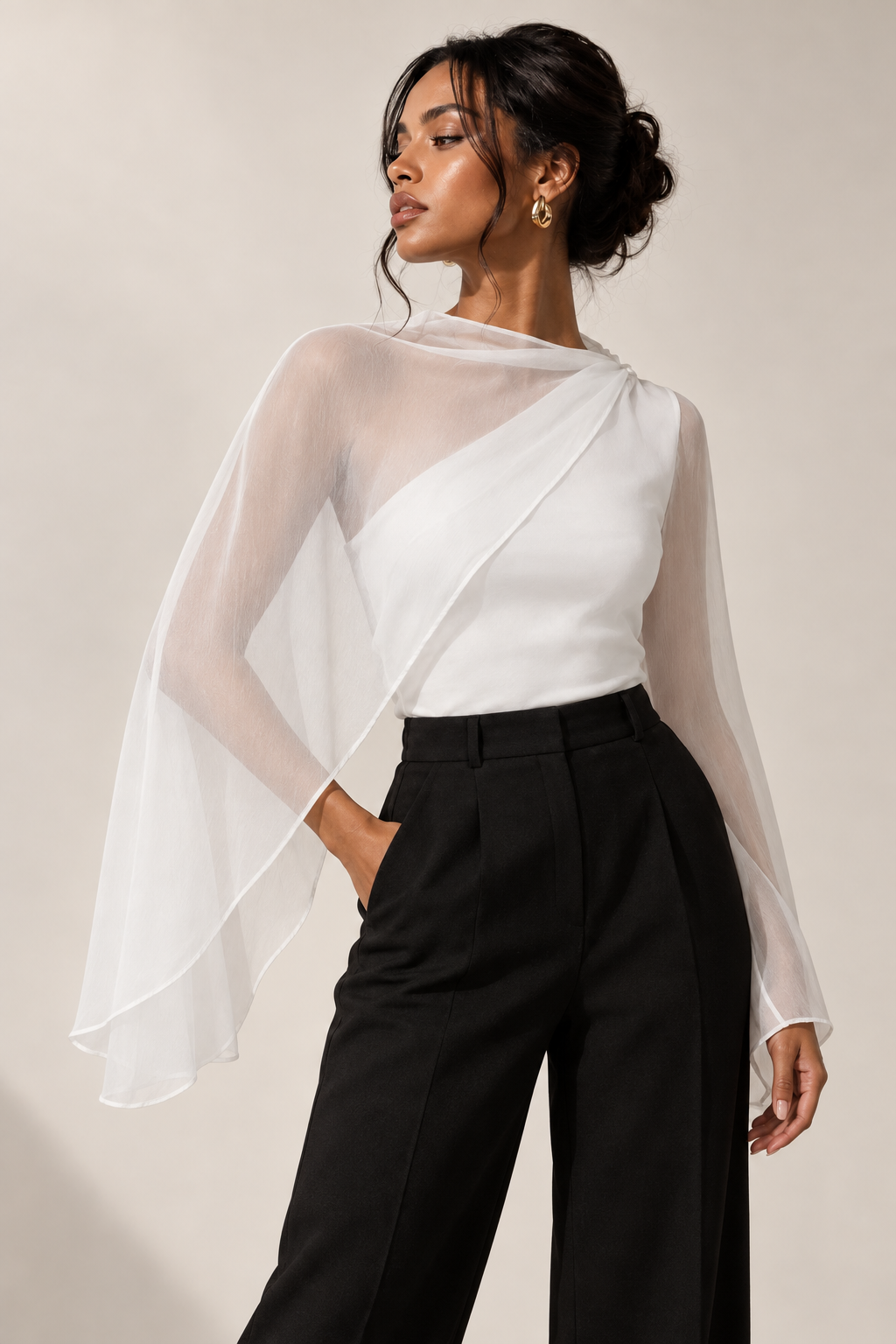 Sheer Asymmetrical Shawl Blouse