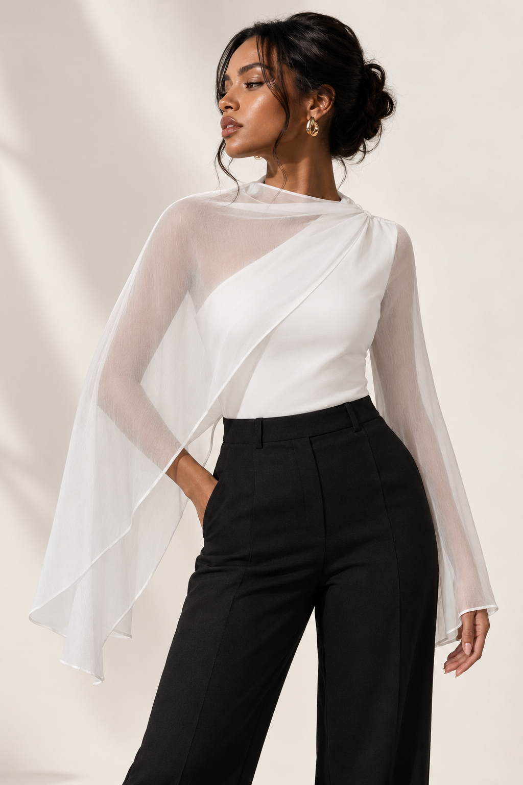 Sheer Asymmetrical Shawl Blouse