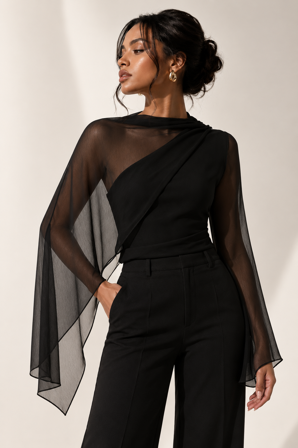Sheer Asymmetrical Shawl Blouse