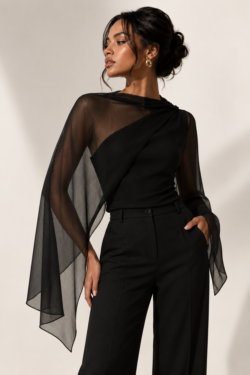 Sheer Asymmetrical Shawl Blouse