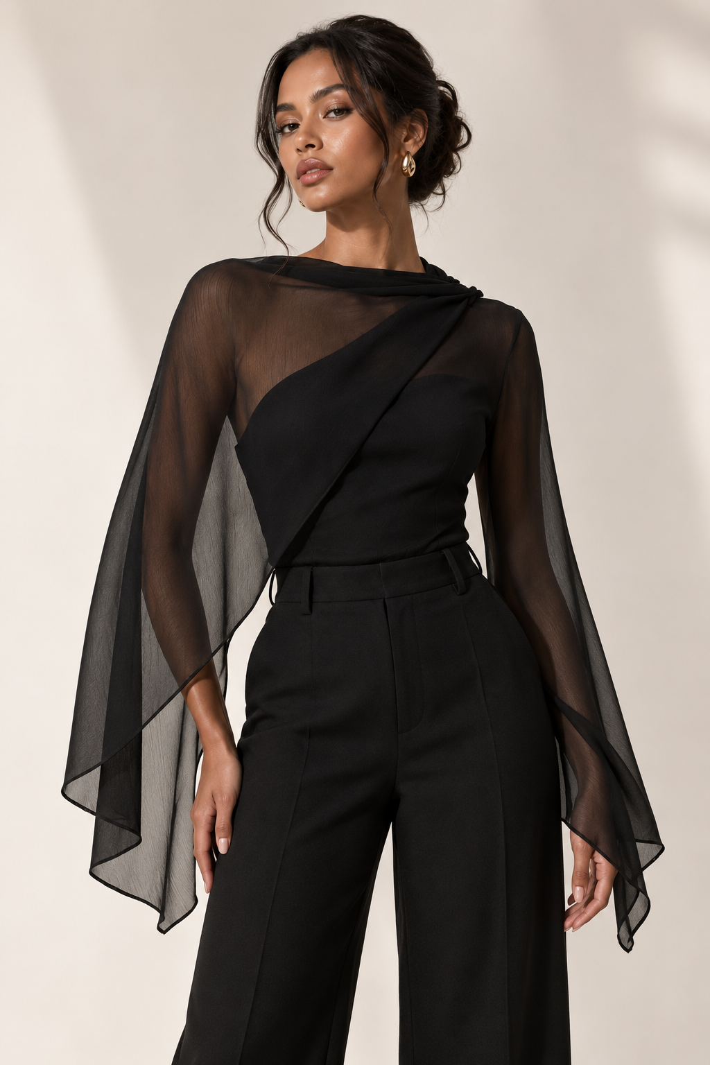 Sheer Asymmetrical Shawl Blouse