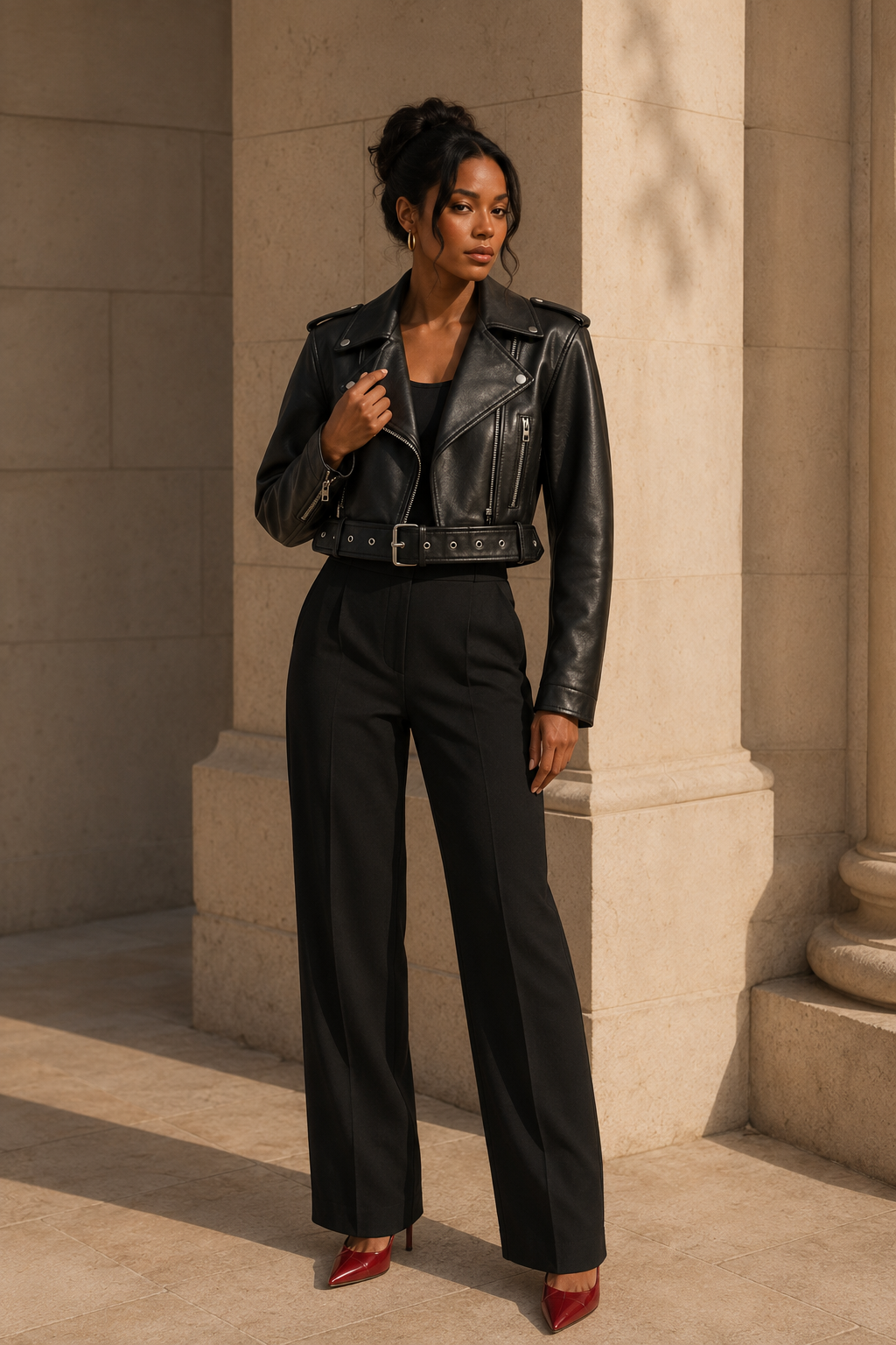 Belted Faux-Leather Biker Jacket