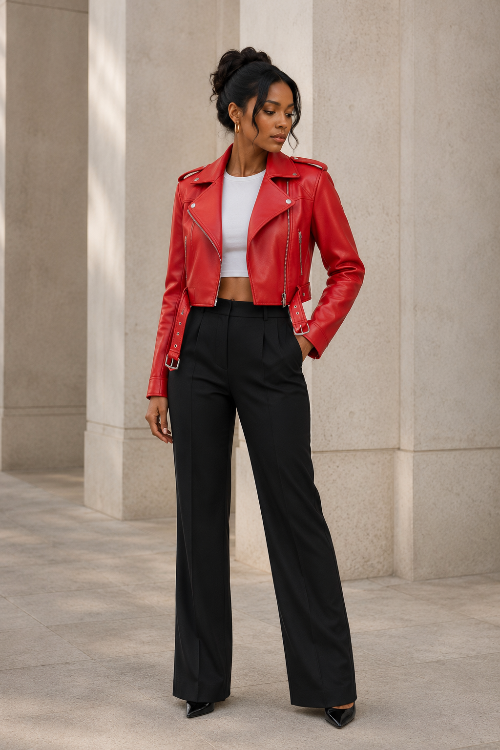 Belted Faux-Leather Biker Jacket
