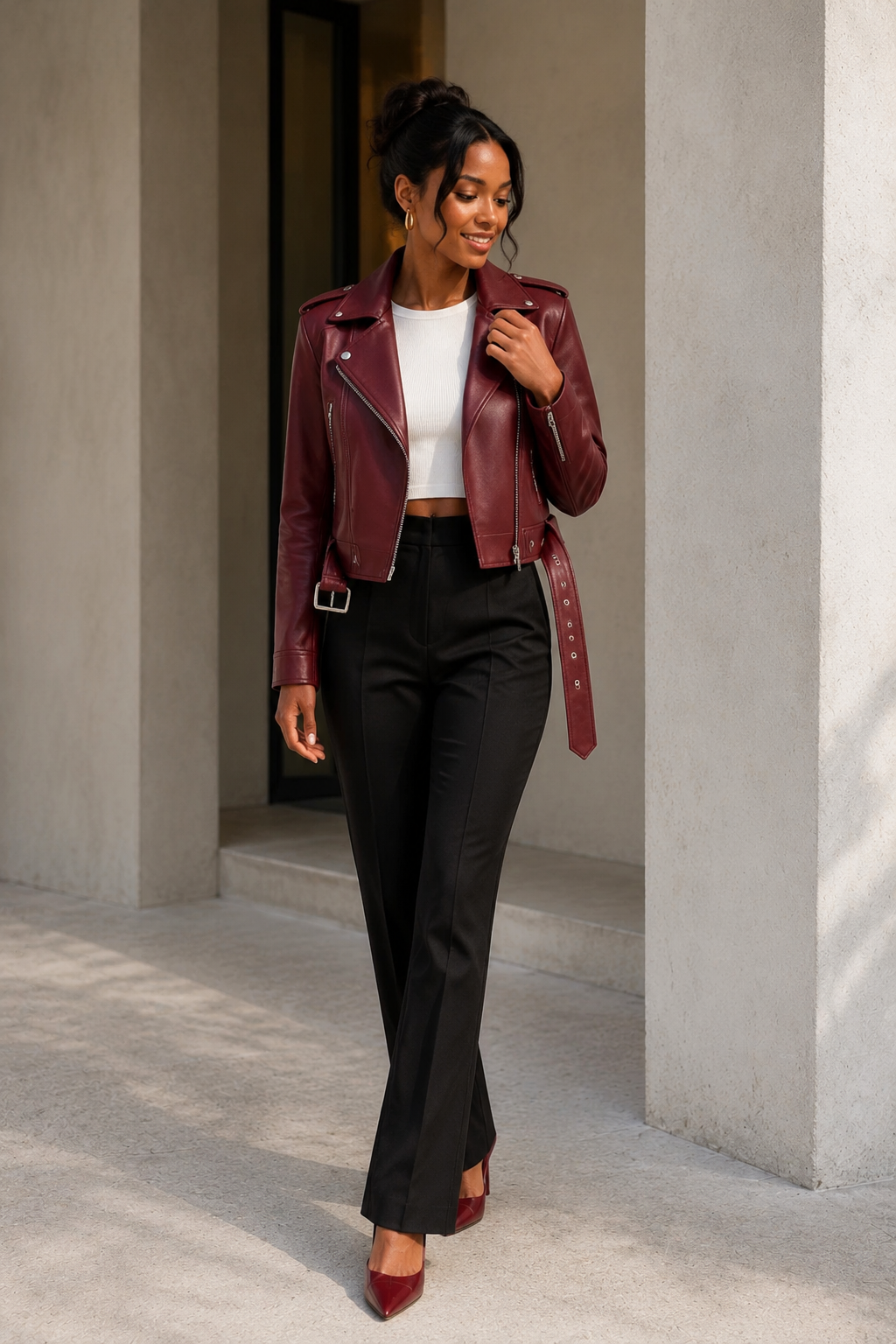 Belted Faux-Leather Biker Jacket