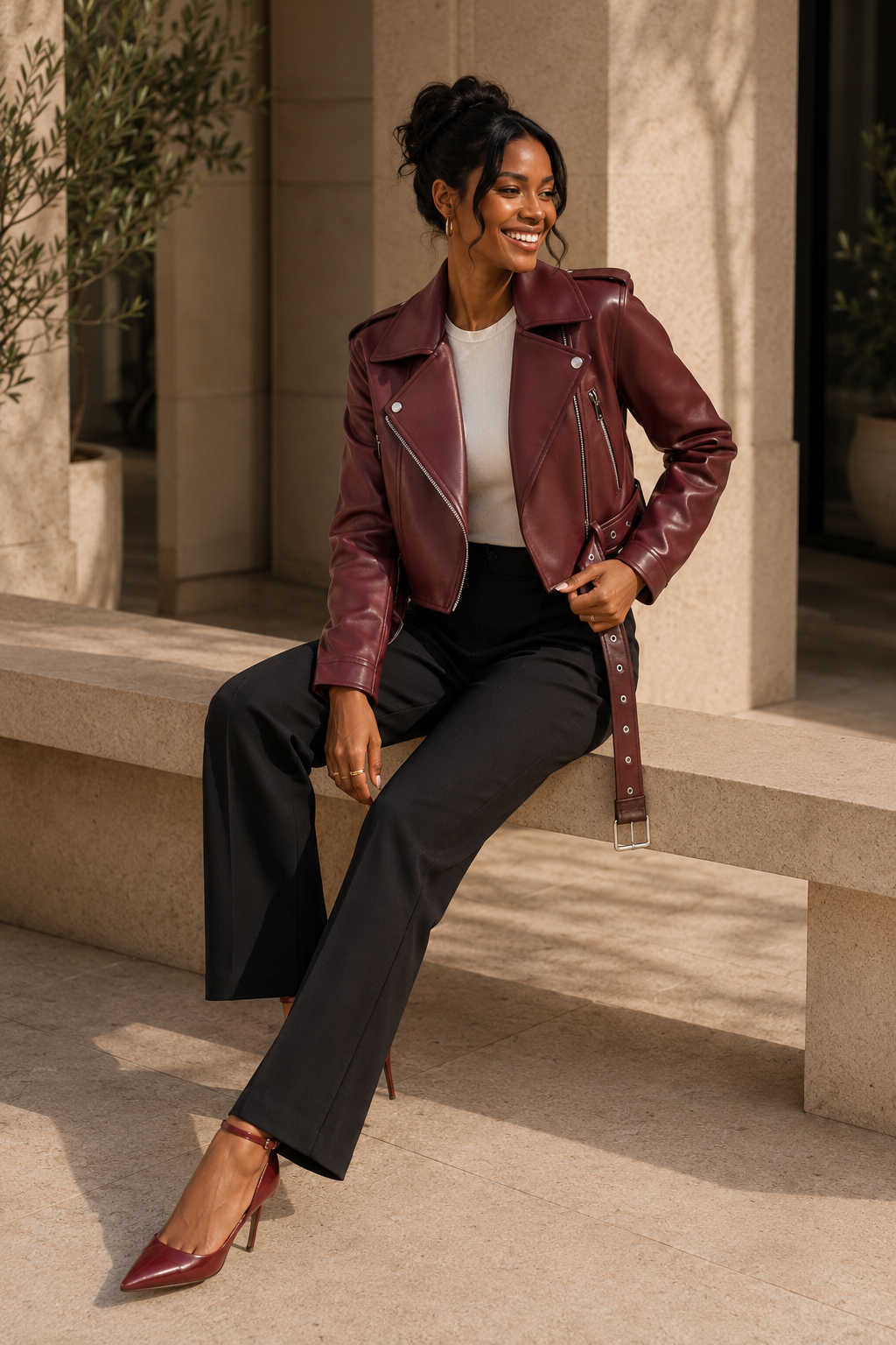 Belted Faux-Leather Biker Jacket