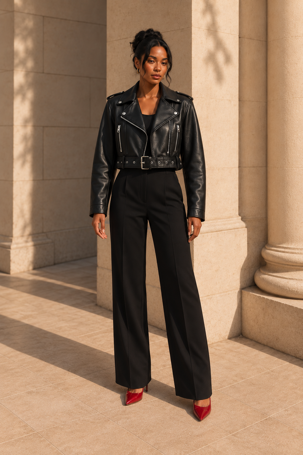 Belted Faux-Leather Biker Jacket