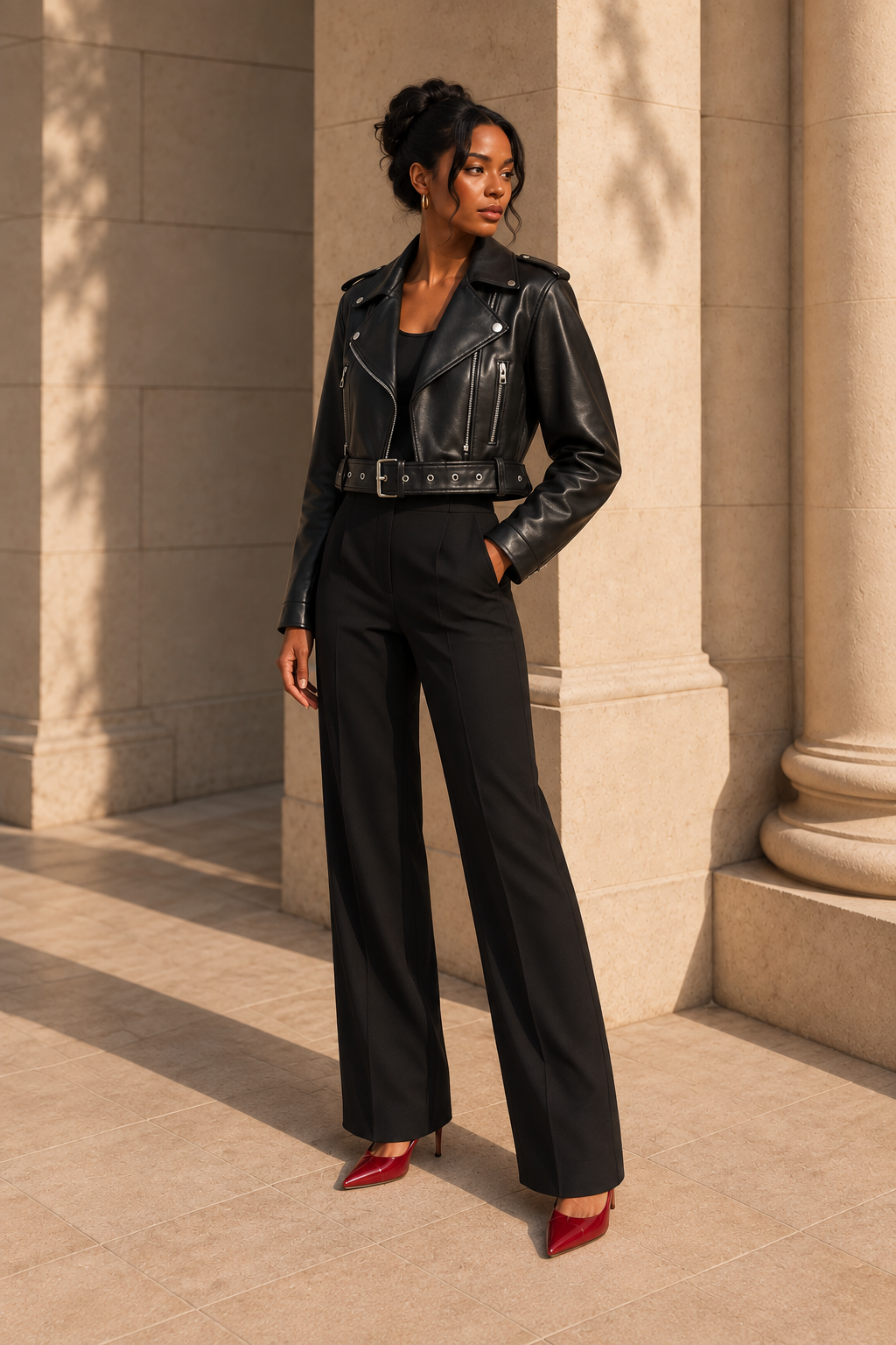 Belted Faux-Leather Biker Jacket