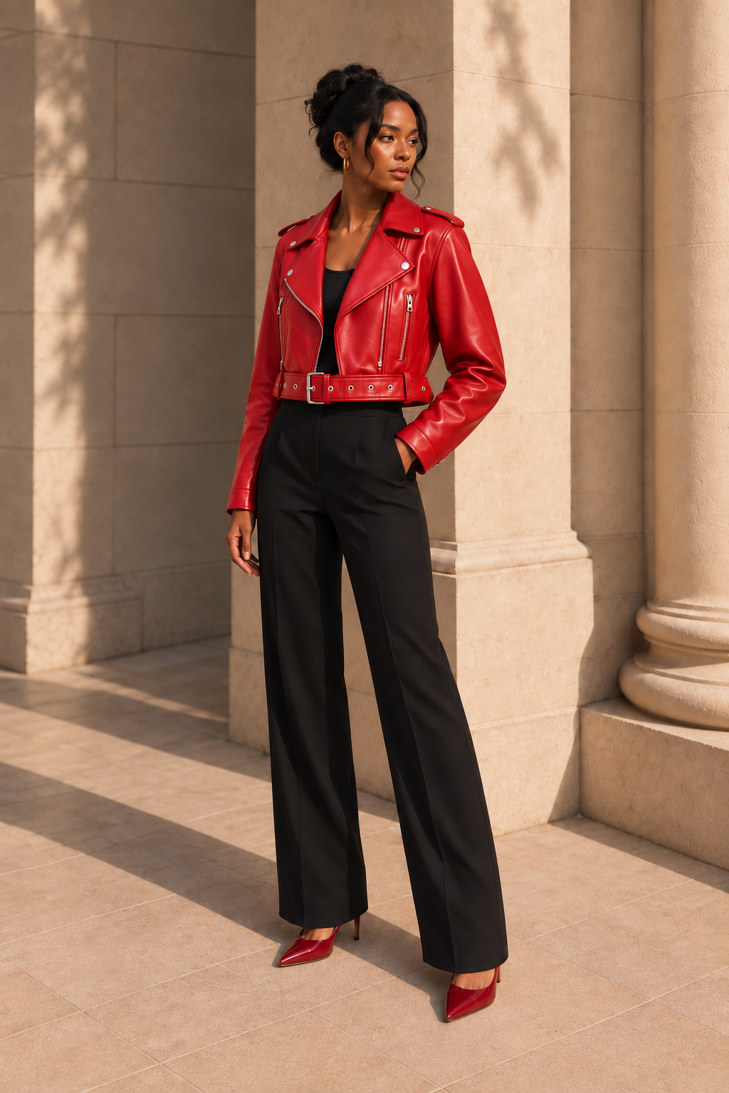Belted Faux-Leather Biker Jacket