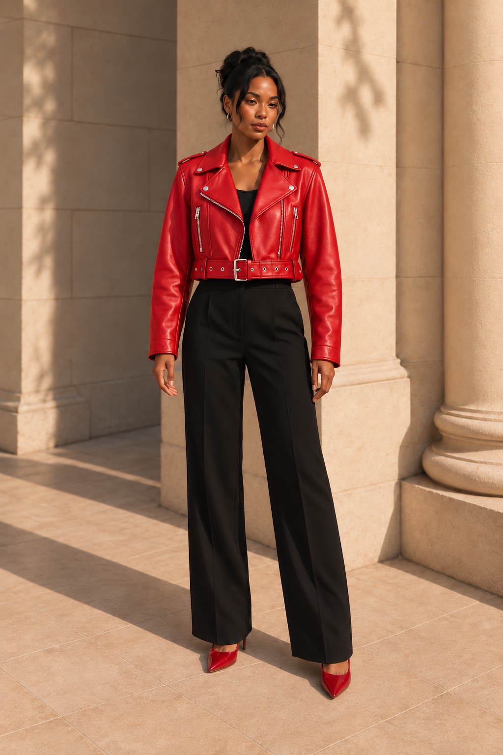 Belted Faux-Leather Biker Jacket