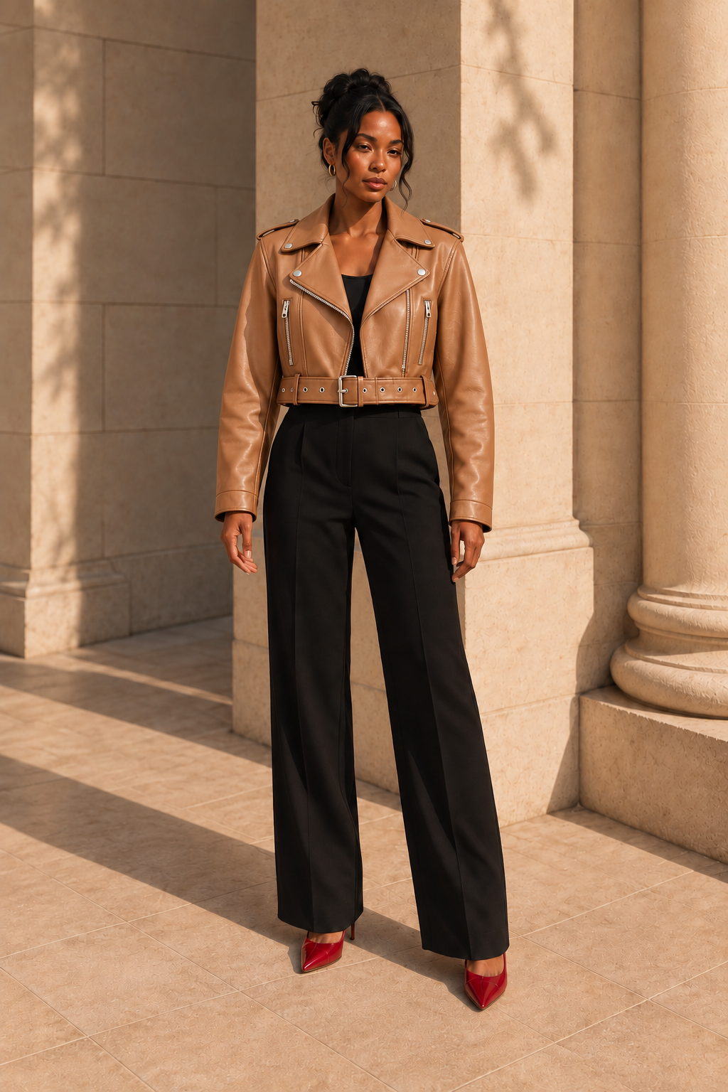 Belted Faux-Leather Biker Jacket
