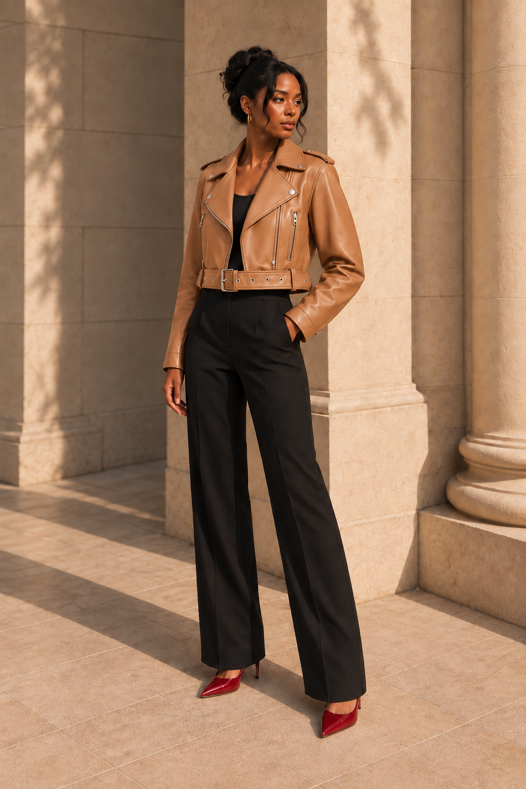 Belted Faux-Leather Biker Jacket