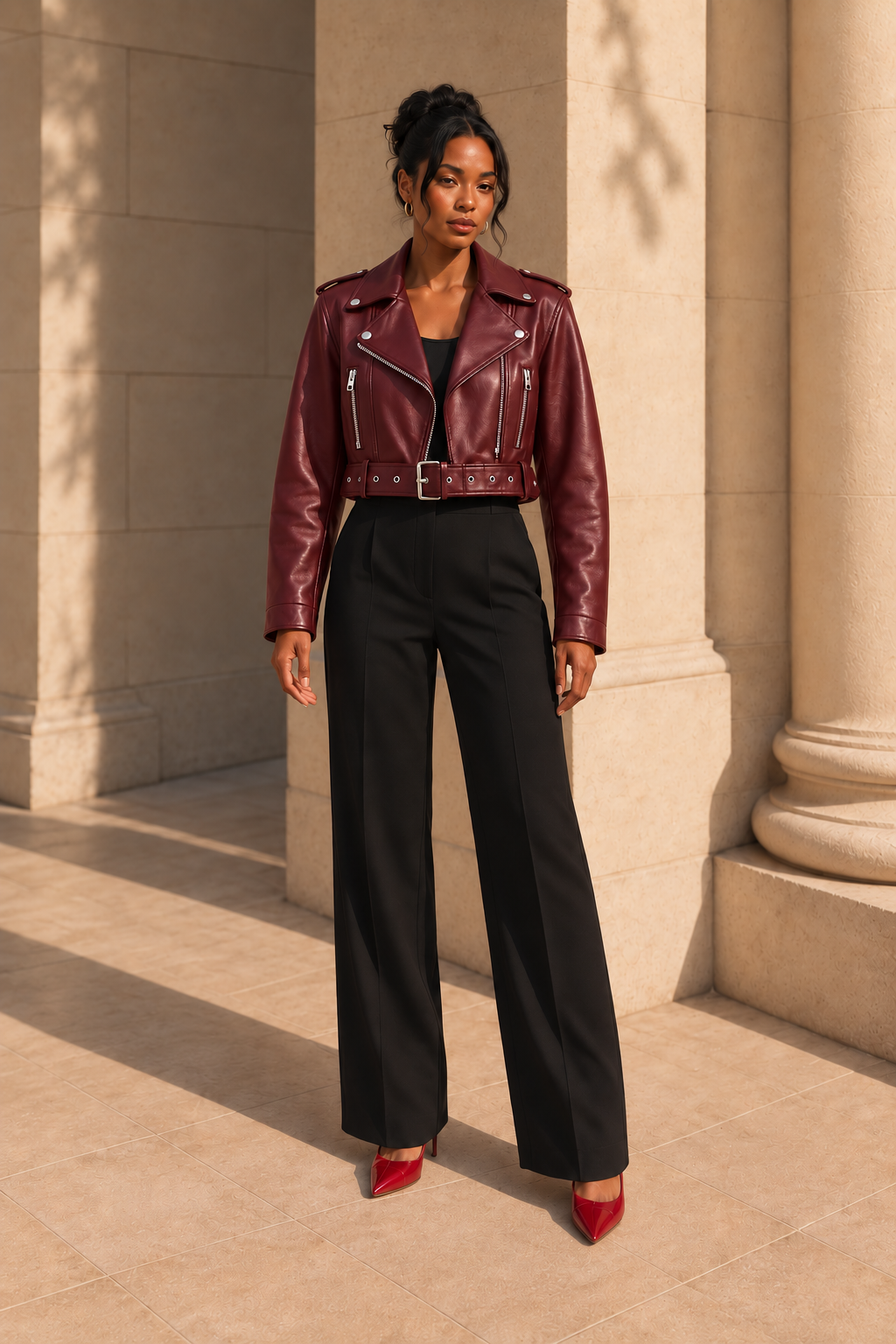 Belted Faux-Leather Biker Jacket