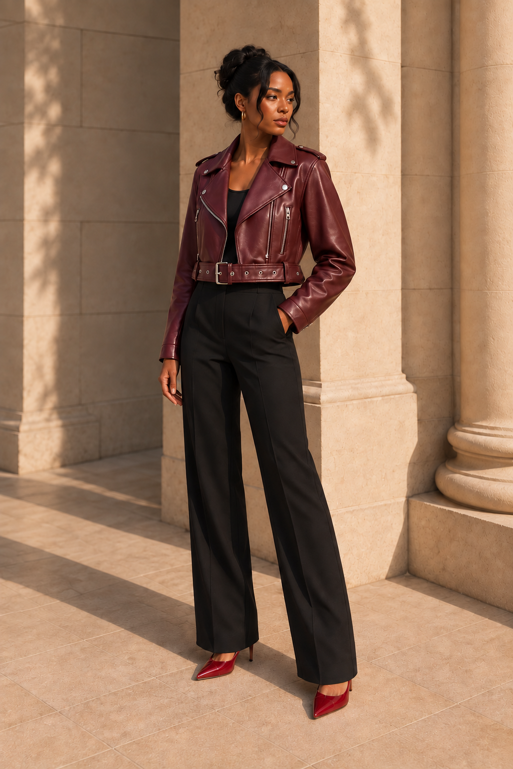 Belted Faux-Leather Biker Jacket