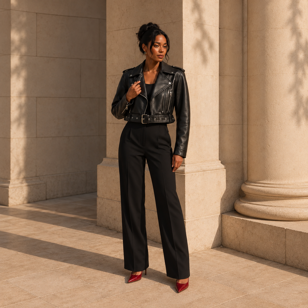 Belted Faux-Leather Biker Jacket