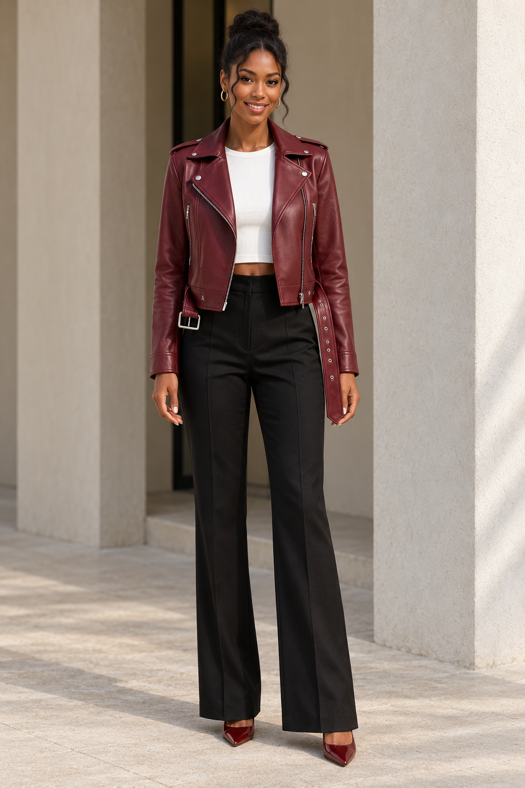Belted Faux-Leather Biker Jacket