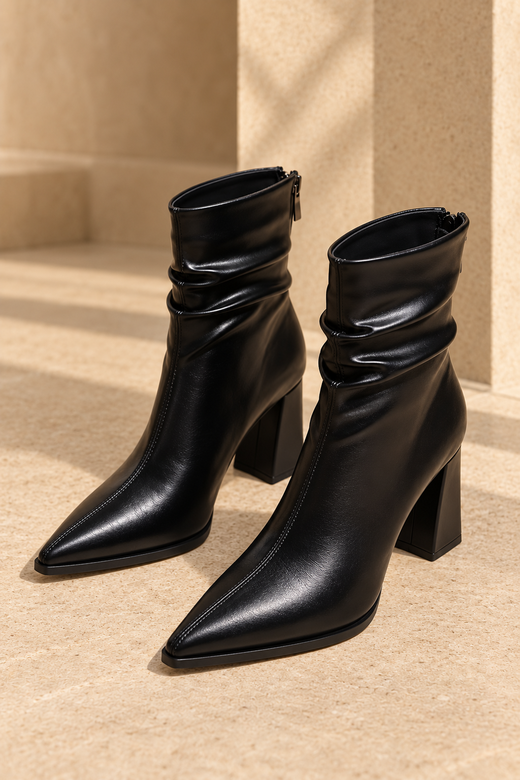 Wrinkled Pointed-Toe Ankle Boots