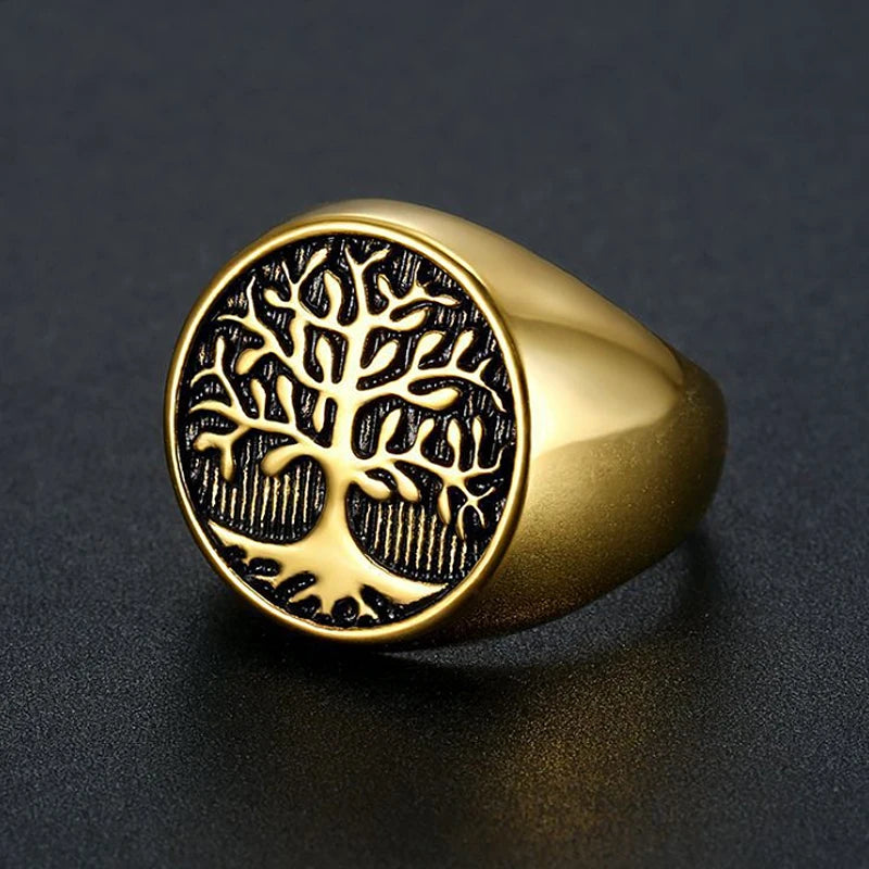Classic Tree of Lift Signet Ring Gold/Silver Color Stainless Steel Biker Rings Men Viking Amulet Rings Nordic Jewelry Size 7-15
