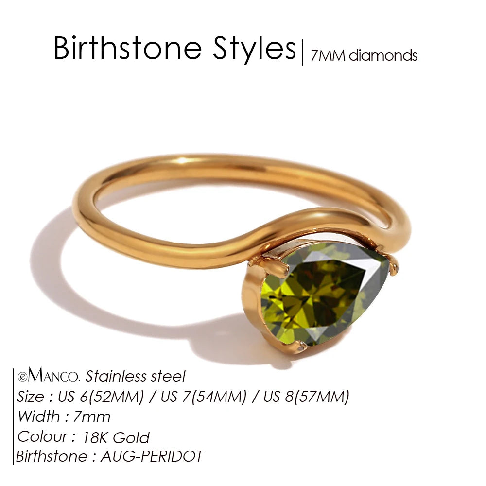 EManco Fashion Luxury Water Drop Shaped Cubic Zirconia Stainless Steel Women's Ring 18K Gold Plated Waterproof Jewelry Gift