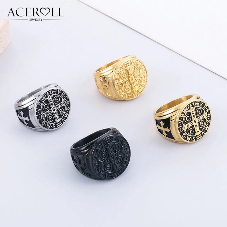 ACEROLL Stainless Steel Ring of Saint Benedict Medal for Exorcism Hip Pop Style