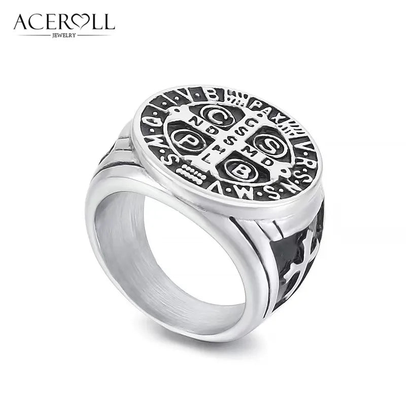 ACEROLL Stainless Steel Ring of Saint Benedict Medal for Exorcism Hip Pop Style