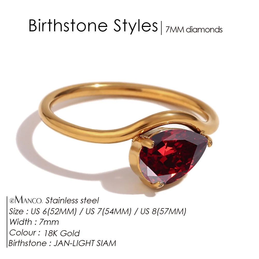 EManco Fashion Luxury Water Drop Shaped Cubic Zirconia Stainless Steel Women's Ring 18K Gold Plated Waterproof Jewelry Gift