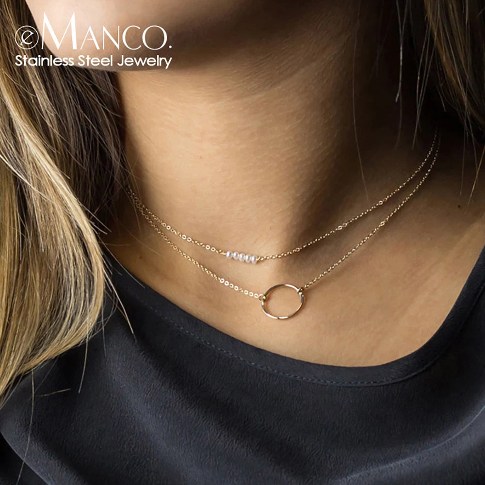 EManco Trendy Multi Layered Stainless Steel Necklace Women Dainty Imitation Pearls Choker Necklace for Women