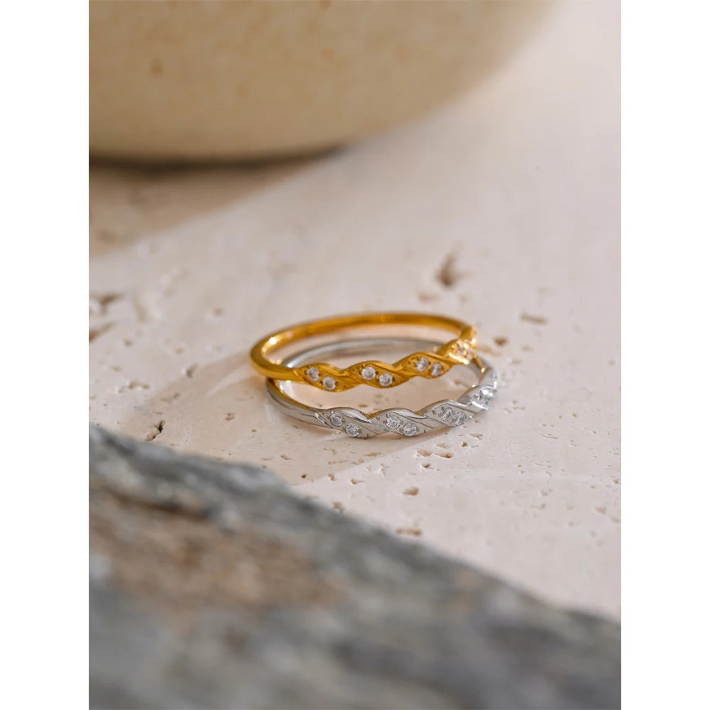 Yhpup Arrivals Stainless Steel Zirconia Wave Shape Thin Finger Ring 18K PVD Plated Minimalist Chic Jewelry Rust Proof Gift