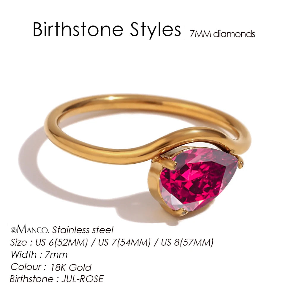 EManco Fashion Luxury Water Drop Shaped Cubic Zirconia Stainless Steel Women's Ring 18K Gold Plated Waterproof Jewelry Gift