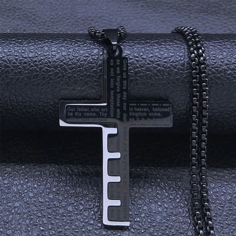 HNSP 316L Stainless Steel Bible Cross Pendant Necklace For Men Street Fashion Waterproof Jewelry Accessories Gift
