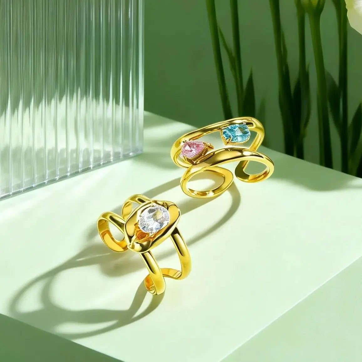 Double-Layer Waterdrop Zircon Open Ring for Women Stainless Steel Geometric Finger Rings Fashion Stacking Jewelry Gift