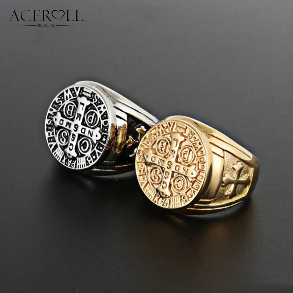 ACEROLL Stainless Steel Ring of Saint Benedict Medal for Exorcism Hip Pop Style