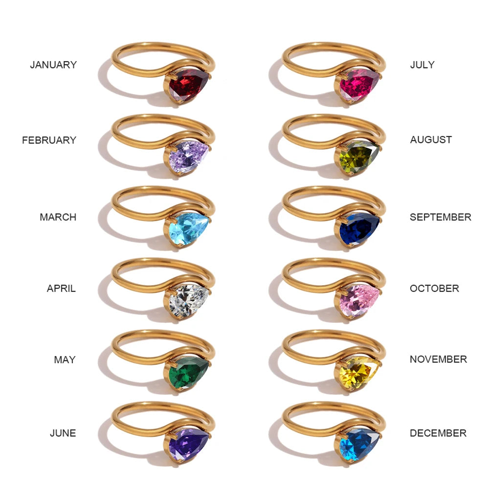 EManco Fashion Luxury Water Drop Shaped Cubic Zirconia Stainless Steel Women's Ring 18K Gold Plated Waterproof Jewelry Gift