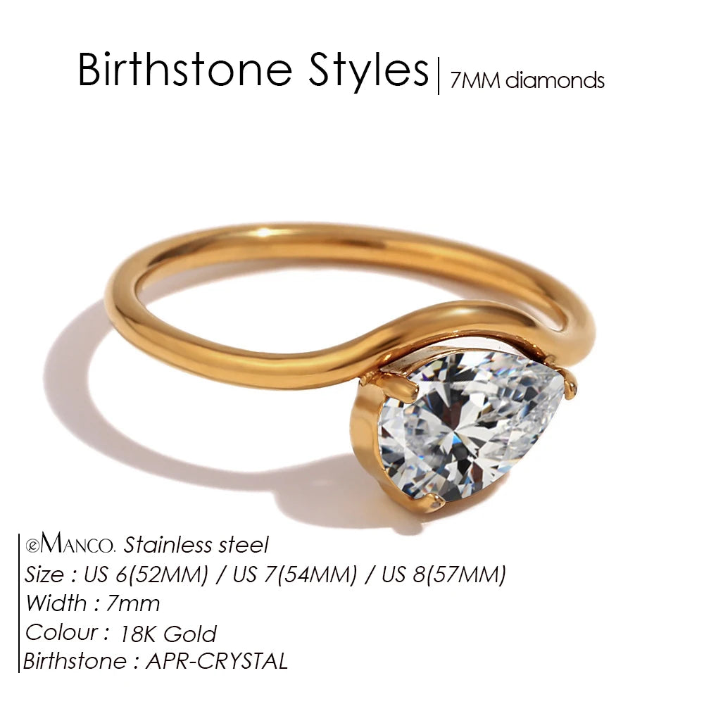 EManco Fashion Luxury Water Drop Shaped Cubic Zirconia Stainless Steel Women's Ring 18K Gold Plated Waterproof Jewelry Gift