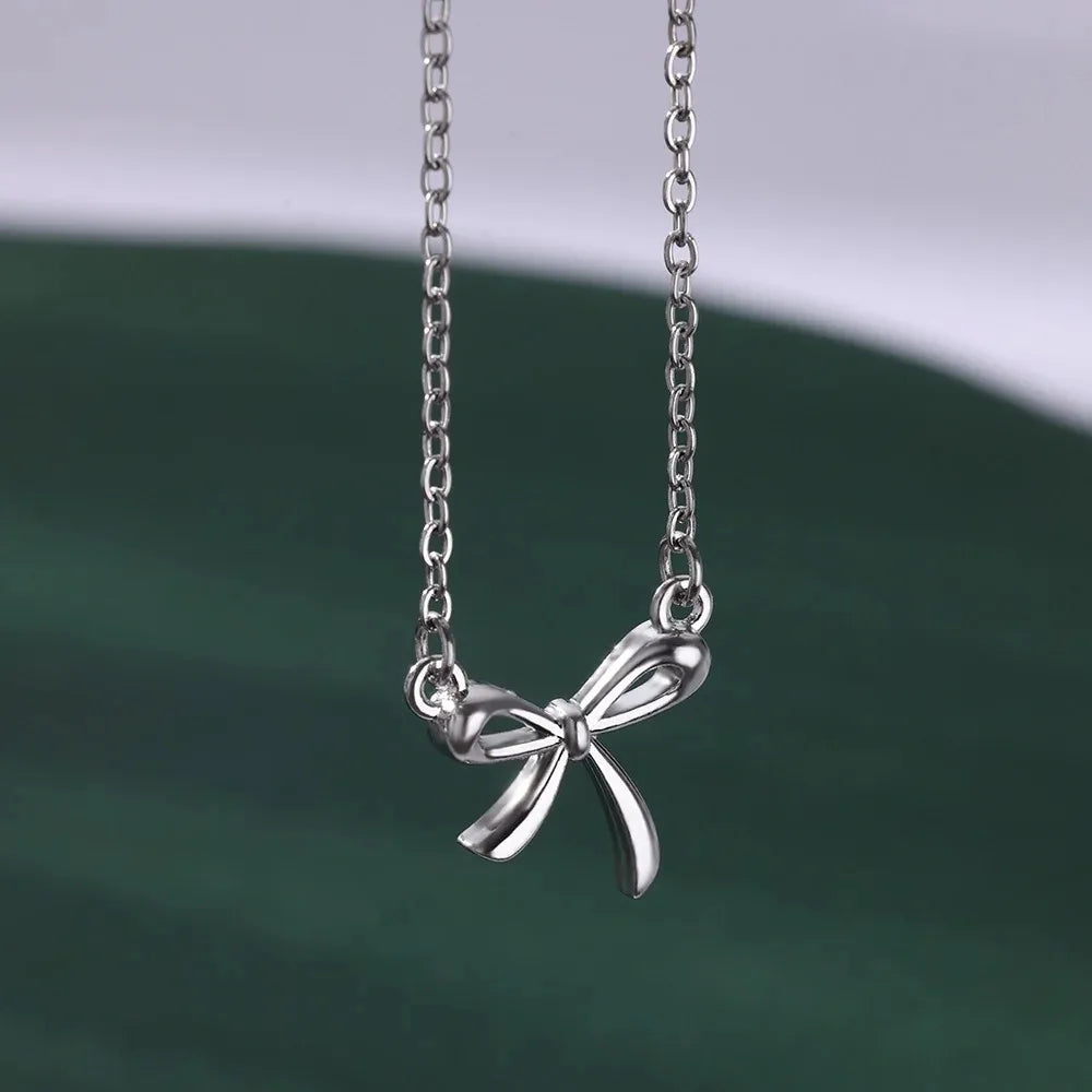 Stainless Steel Bowknot Lucky Necklace For Women Gold Color Korean Necklaces Female Aesthetic Choker Jewelry Daily Accessories