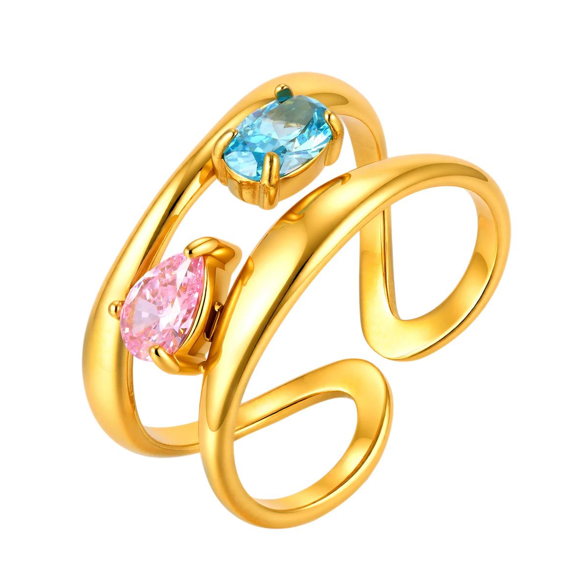 Double-Layer Waterdrop Zircon Open Ring for Women Stainless Steel Geometric Finger Rings Fashion Stacking Jewelry Gift
