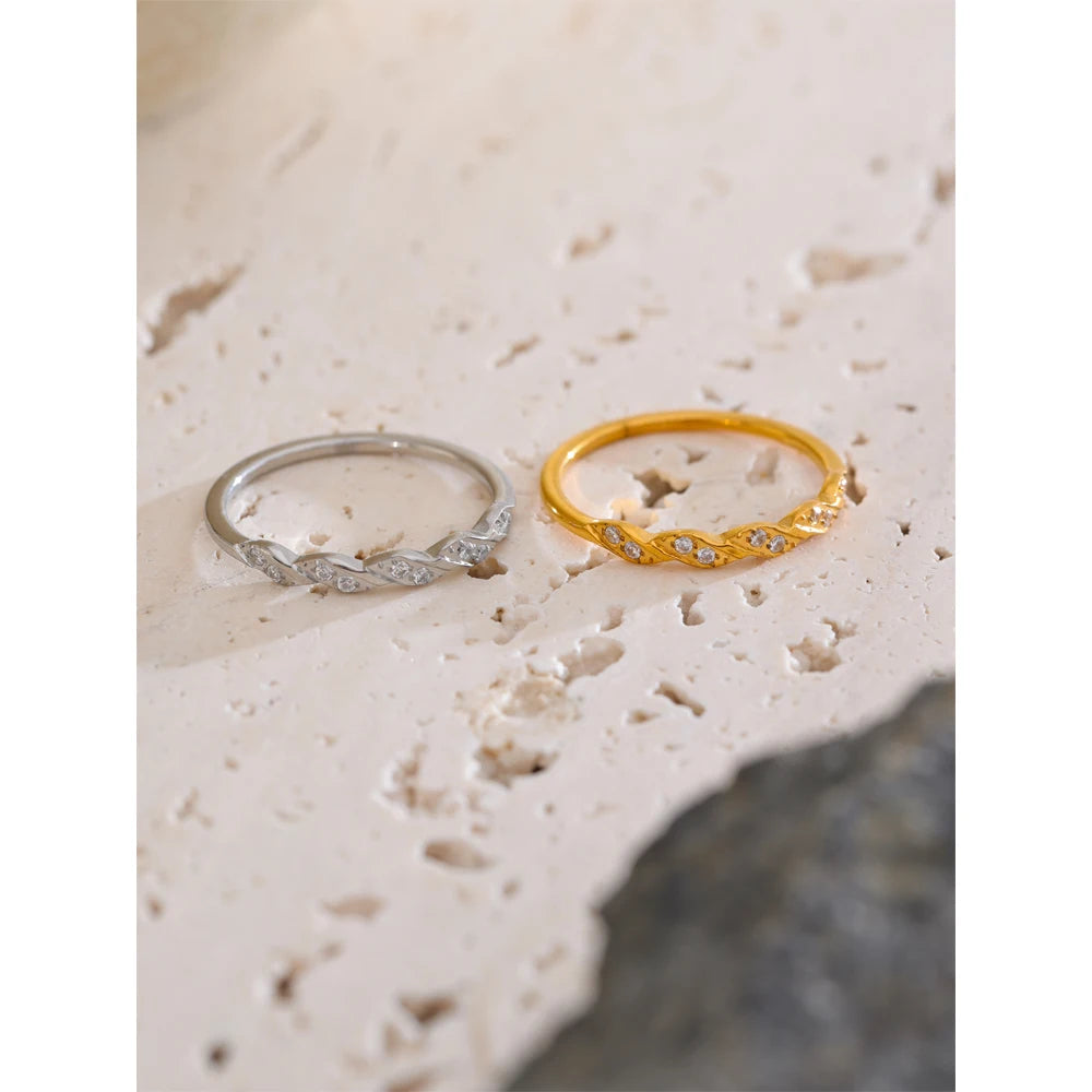 Yhpup Arrivals Stainless Steel Zirconia Wave Shape Thin Finger Ring 18K PVD Plated Minimalist Chic Jewelry Rust Proof Gift