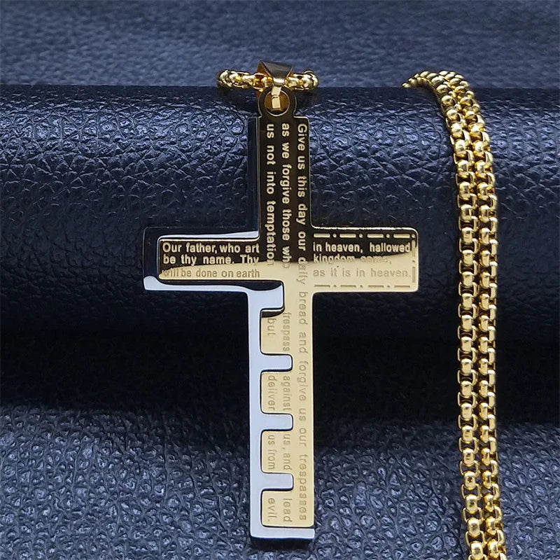 HNSP 316L Stainless Steel Bible Cross Pendant Necklace For Men Street Fashion Waterproof Jewelry Accessories Gift