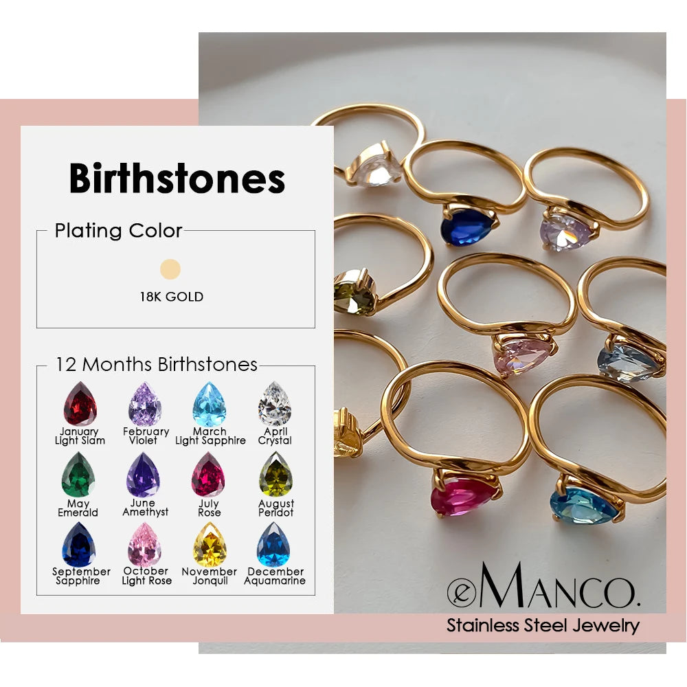 EManco Fashion Luxury Water Drop Shaped Cubic Zirconia Stainless Steel Women's Ring 18K Gold Plated Waterproof Jewelry Gift