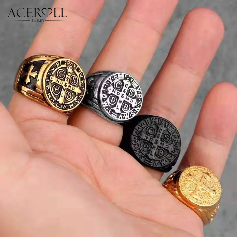 ACEROLL Stainless Steel Ring of Saint Benedict Medal for Exorcism Hip Pop Style