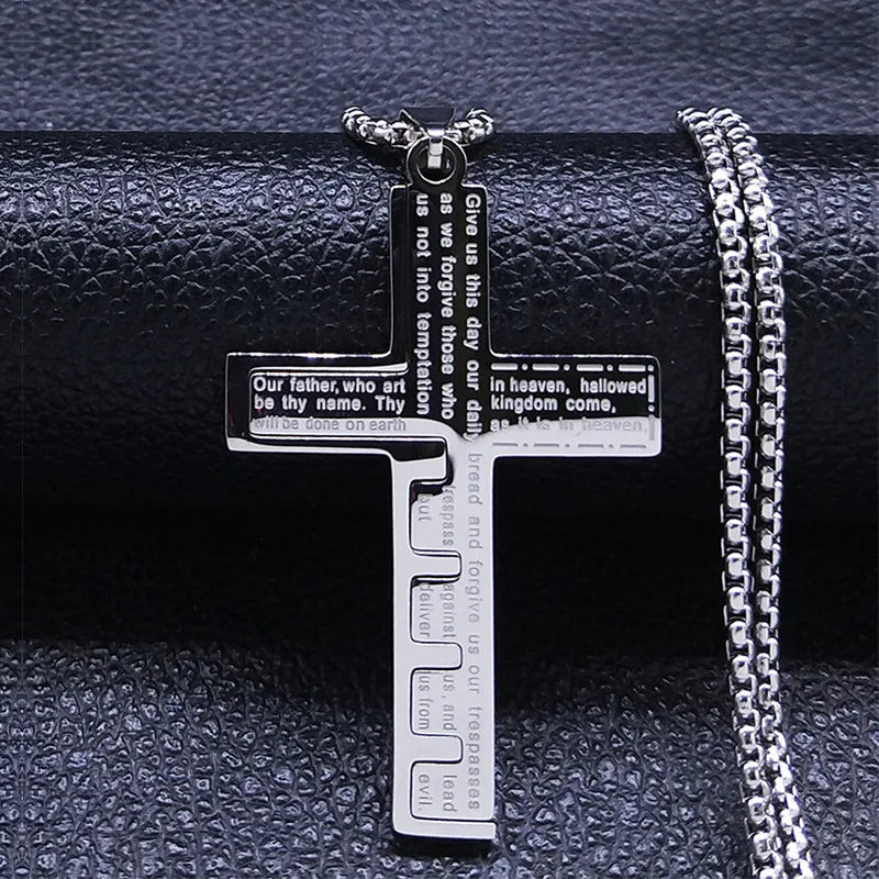 HNSP 316L Stainless Steel Bible Cross Pendant Necklace For Men Street Fashion Waterproof Jewelry Accessories Gift