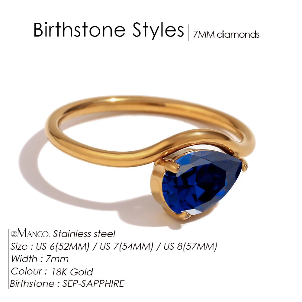 EManco Fashion Luxury Water Drop Shaped Cubic Zirconia Stainless Steel Women's Ring 18K Gold Plated Waterproof Jewelry Gift