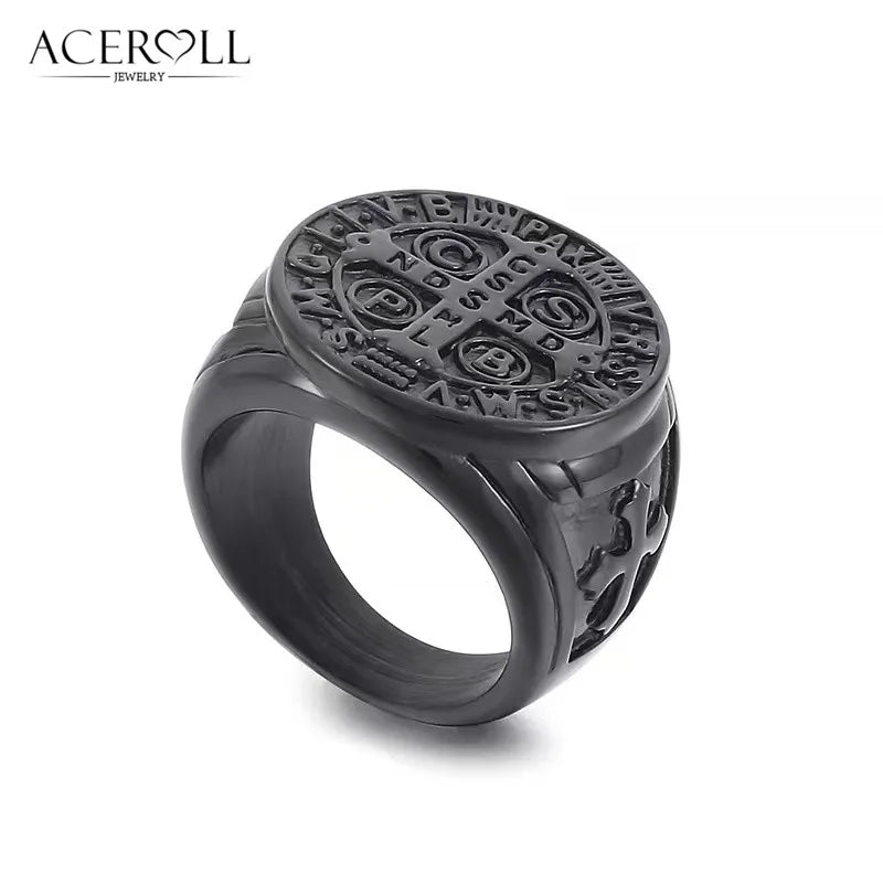 ACEROLL Stainless Steel Ring of Saint Benedict Medal for Exorcism Hip Pop Style