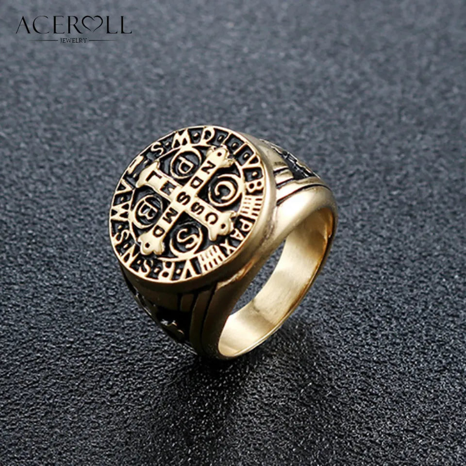 ACEROLL Stainless Steel Ring of Saint Benedict Medal for Exorcism Hip Pop Style