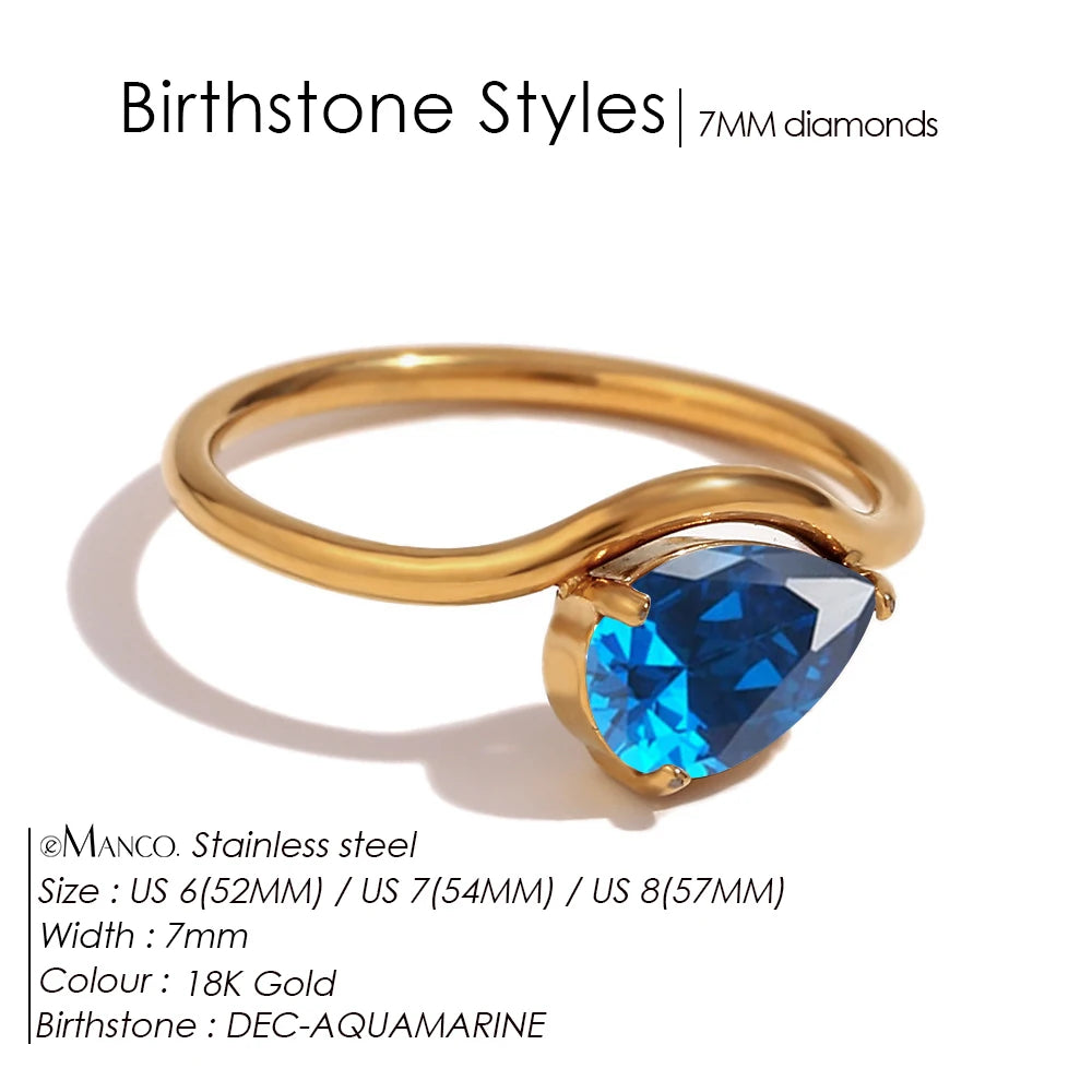 EManco Fashion Luxury Water Drop Shaped Cubic Zirconia Stainless Steel Women's Ring 18K Gold Plated Waterproof Jewelry Gift