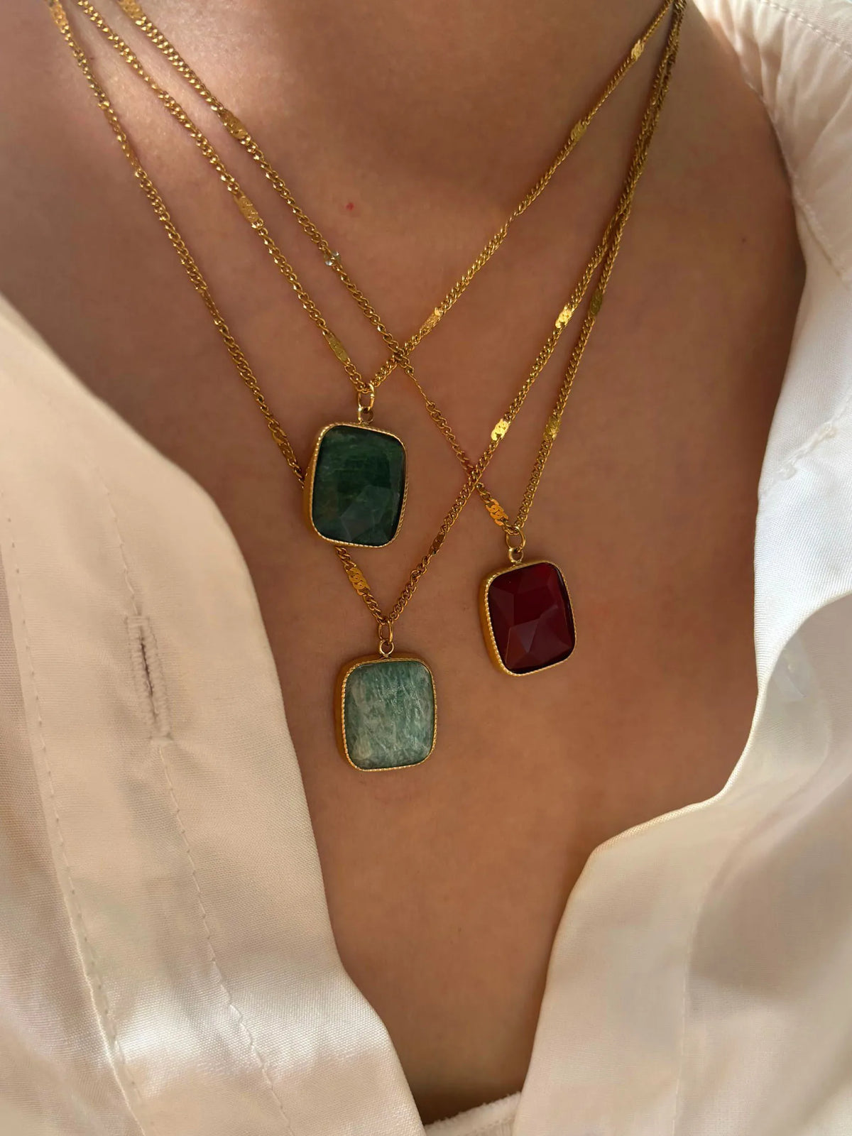 Peri'sbox Stainless Steel Minimalist Natural Stone Geometric Pendant Necklaces for Women Girls High Quality Trendy Daily Jewelry