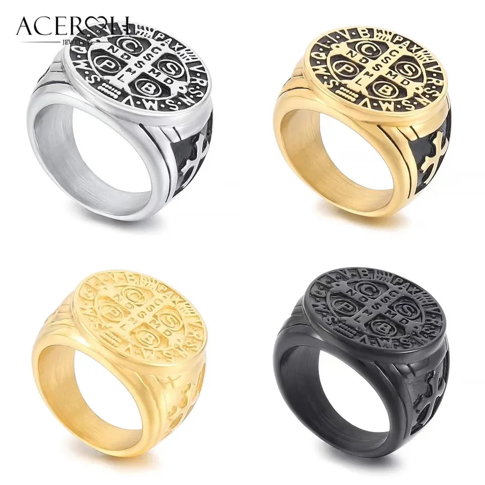 ACEROLL Stainless Steel Ring of Saint Benedict Medal for Exorcism Hip Pop Style